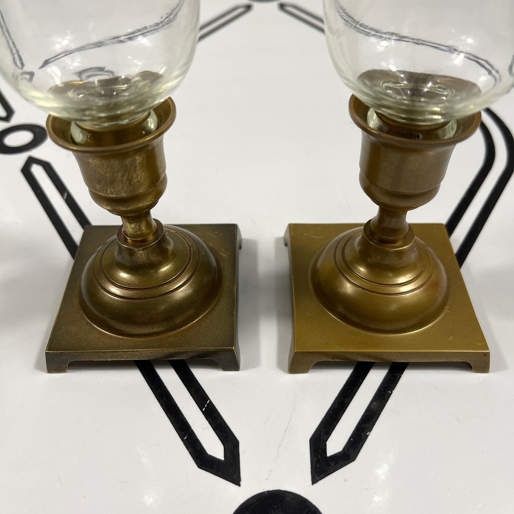 Pair Vintage MCM Brass Candle Holders w/ Glass Chimneys Square Base